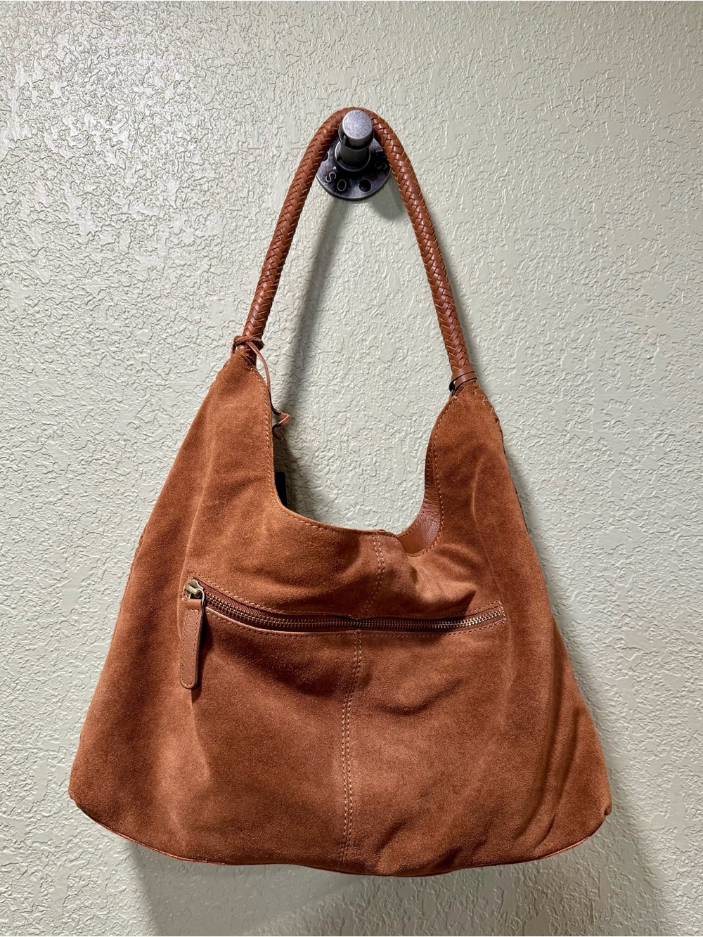 Vilenca Holland Braided-Handle Suede Shoulder Hobo Bag in Cognac Brown